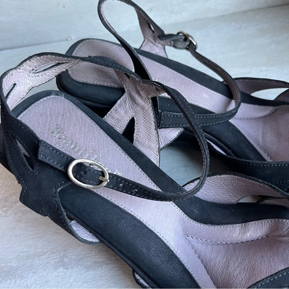 ** Beautifeel Black Leather Wedge Sandals sz 41 Ankle Strap - Picture 4 of 12
